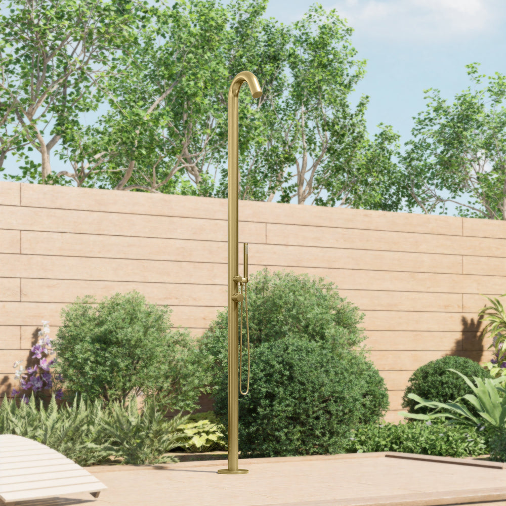 RAINWARE MAROUBRA FREESTANDING OUTDOOR HOT AND COLD SHOWER AND HANDHELD BRUSHED BRASS