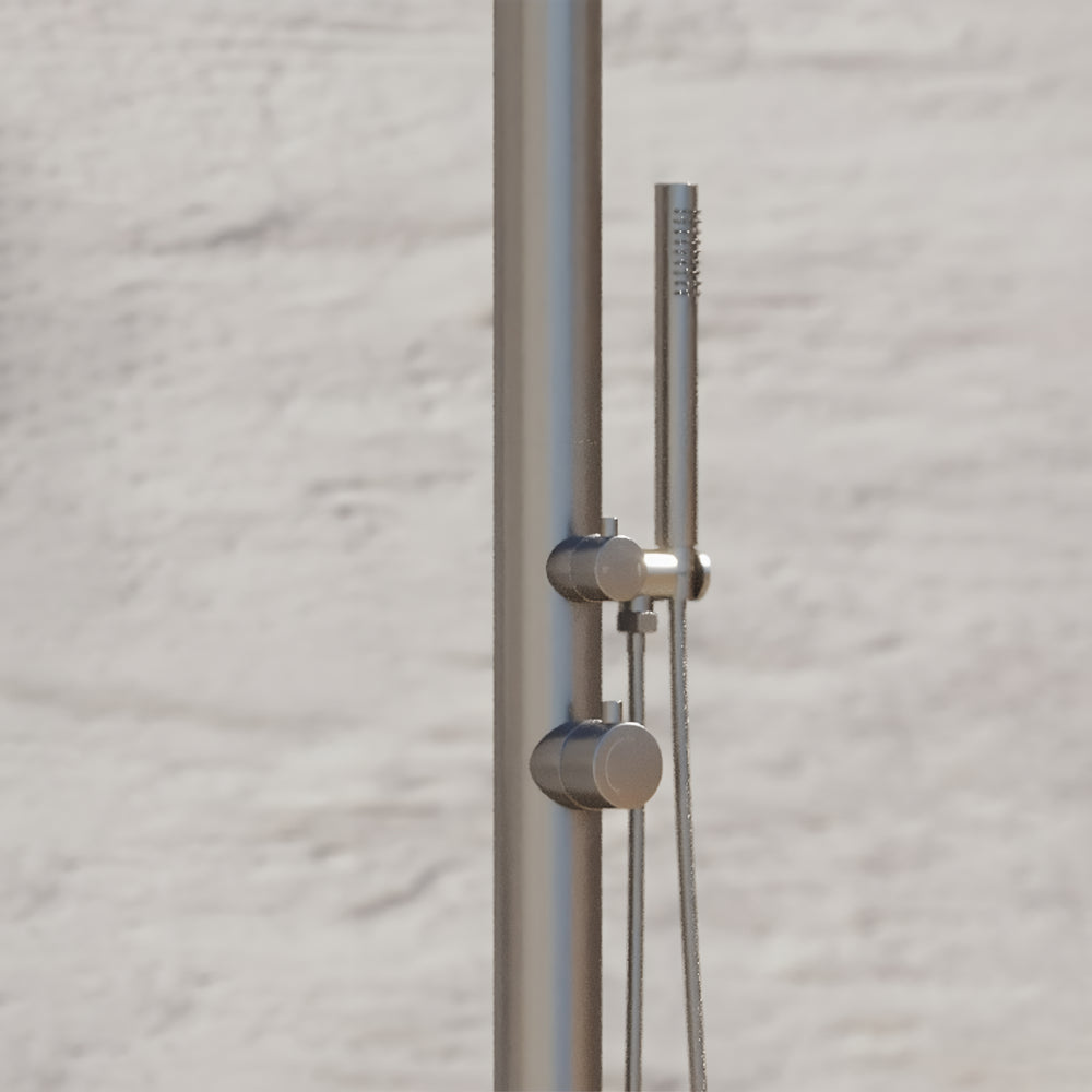 RAINWARE BRONTE FREESTANDING OUTDOOR HOT AND COLD SHOWER AND HANDHELD STAINLESS STEEL