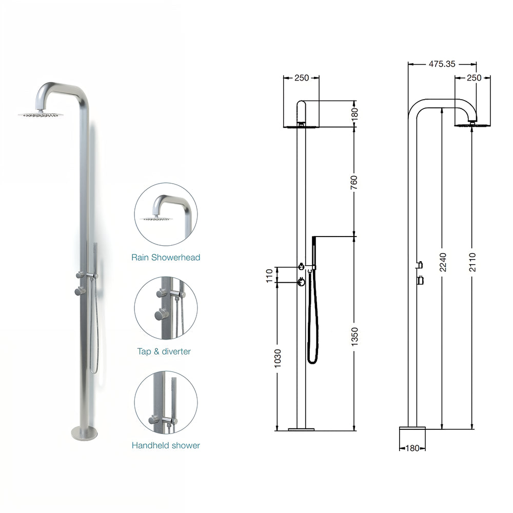RAINWARE BRONTE FREESTANDING OUTDOOR HOT AND COLD SHOWER AND HANDHELD STAINLESS STEEL
