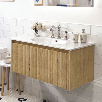 FIENZA ALINA SCANDI OAK FLUTED 900MM SINGLE BOWL WALL HUNG VANITY