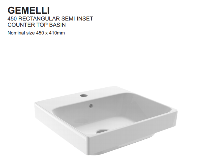 JOHNSON SUISSE GEMELLI RECTANGLE SEMI-INSET BASIN WHITE 450MM