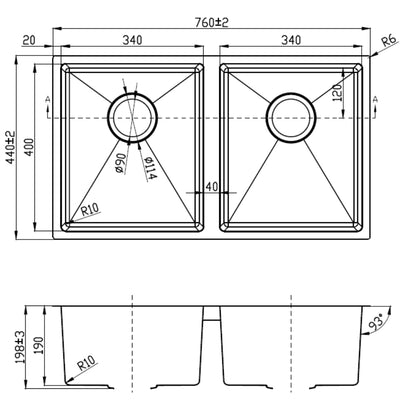 IKON EDEN DOUBLE BOWL UNDERMOUNT SINK STAINLESS STEEL 760MM