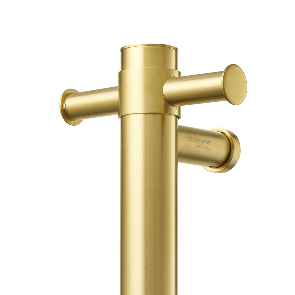 COLDBUSTER VERTICAL ROUND HEATED SINGLE TOWEL RAIL BRUSHED BRASS 900MM