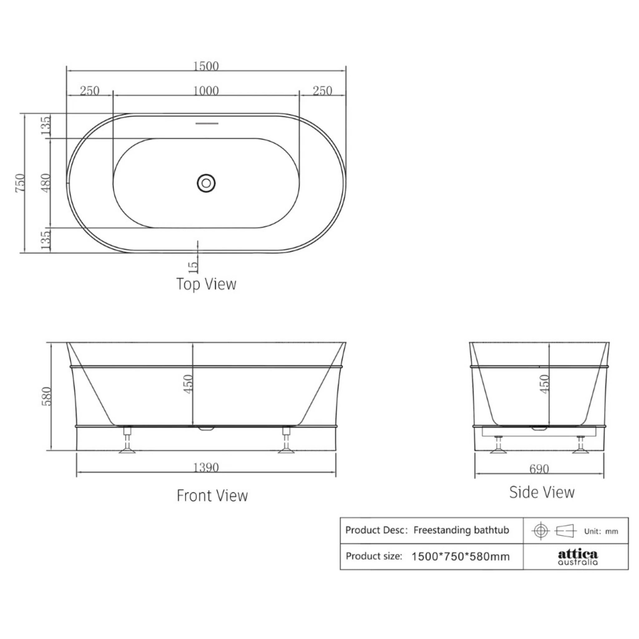 ATTICA BONDI FREE STANDING OVERFLOW BATHTUB MATTE WHITE (AVAILABLE IN 1500MM AND 1700MM)