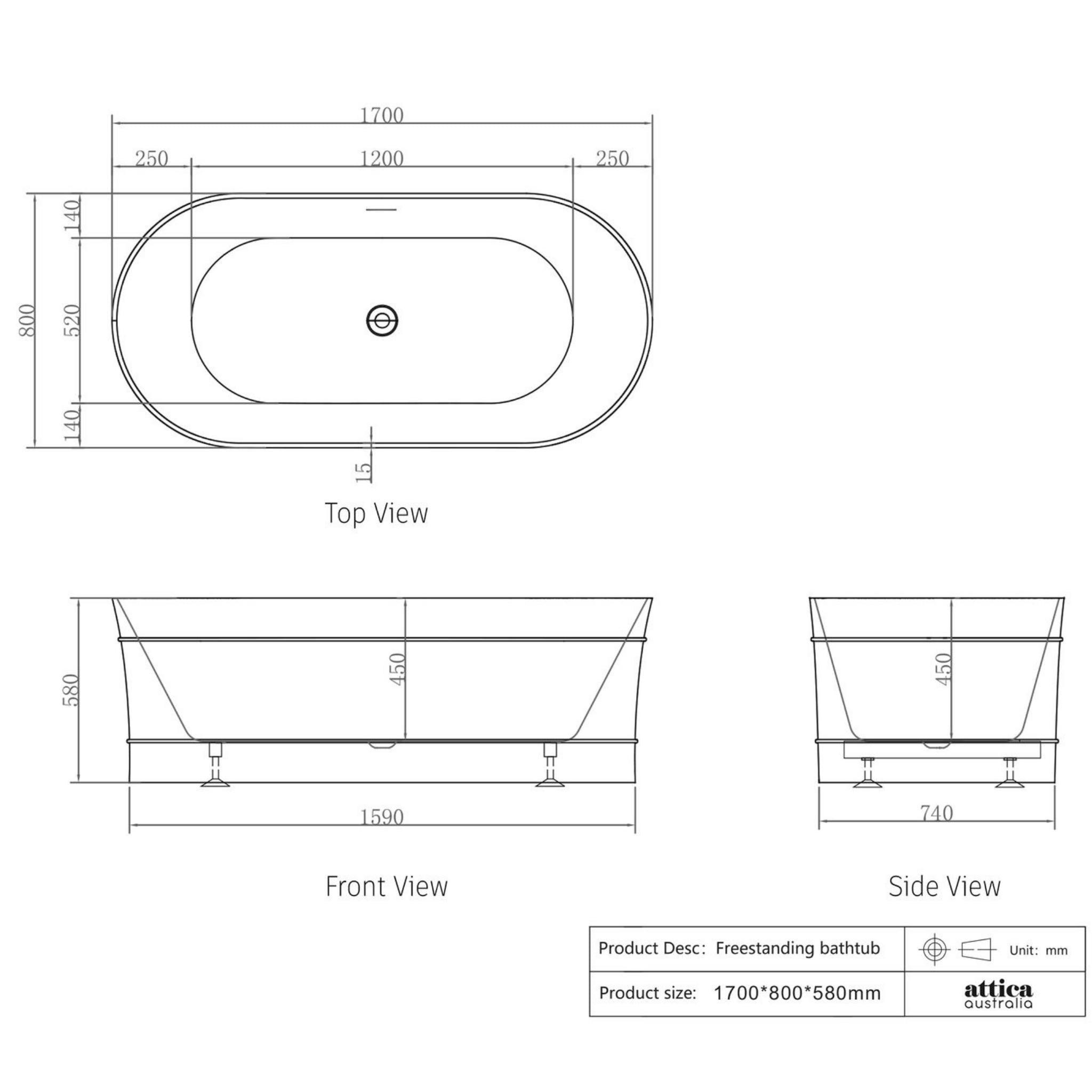 ATTICA BONDI FREE STANDING OVERFLOW BATHTUB MATTE WHITE (AVAILABLE IN 1500MM AND 1700MM)