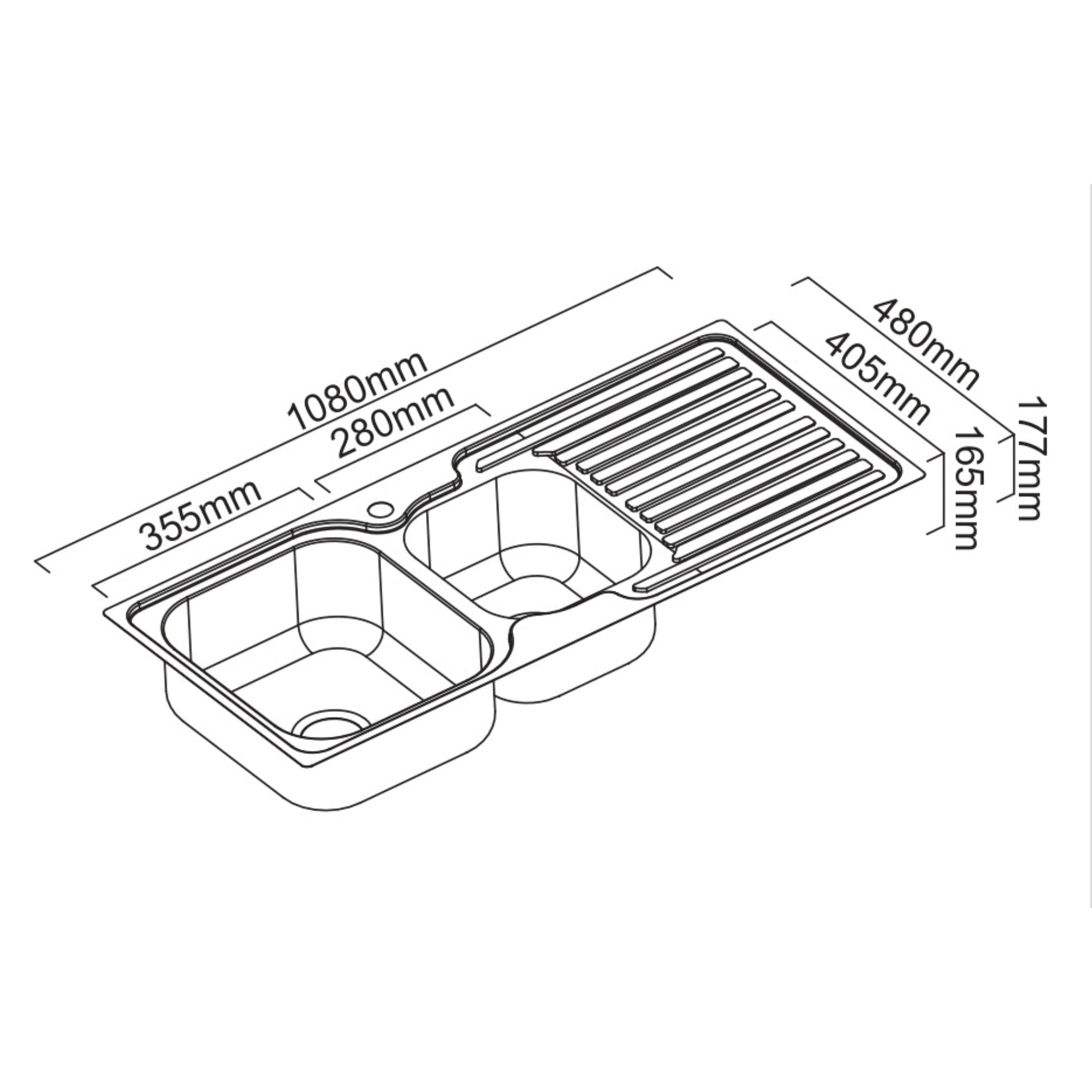 ABEY ENTRY 1 AND 3/4 LEFT HAND DOUBLE BOWL KITCHEN SINK WITH DRAINER STAINLESS STEEL 1080MM