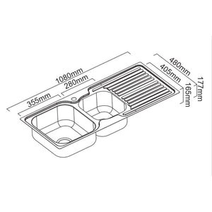 SCHOCK ENTRY 1 AND 3/4 LEFT HAND DOUBLE BOWL KITCHEN SINK WITH DRAINER STAINLESS STEEL 1080MM