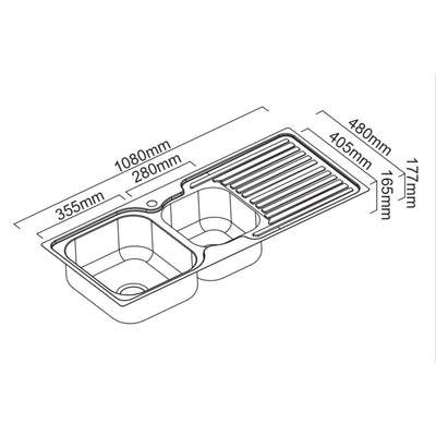 SCHOCK ENTRY 1 AND 3/4 LEFT HAND DOUBLE BOWL KITCHEN SINK WITH DRAINER STAINLESS STEEL 1080MM