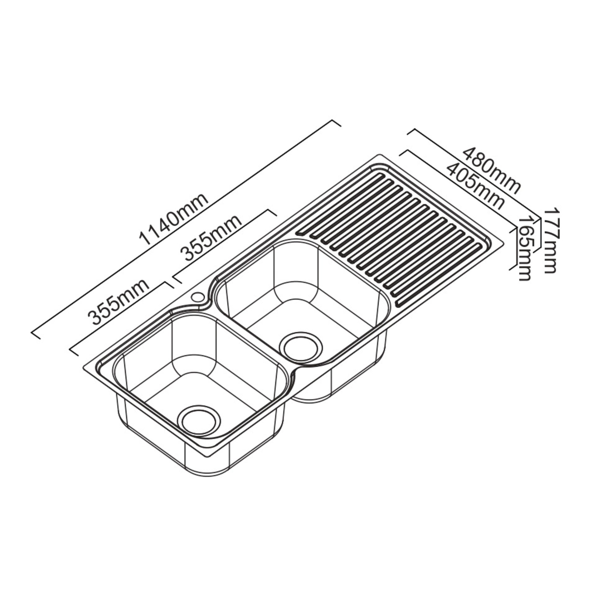 ABEY ENTRY LEFT HAND DOUBLE BOWL KITCHEN SINK WITH DRAINER STAINLESS STEEL 1140MM