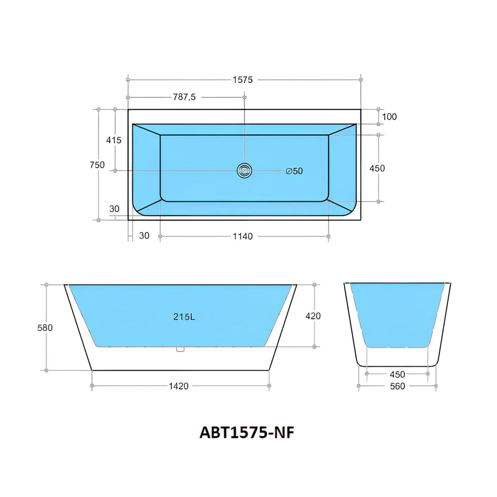 POSEIDON AVIS BACK TO WALL NF BATHTUB GLOSS WHITE (AVAILABLE IN 1575MM AND 1700MM)