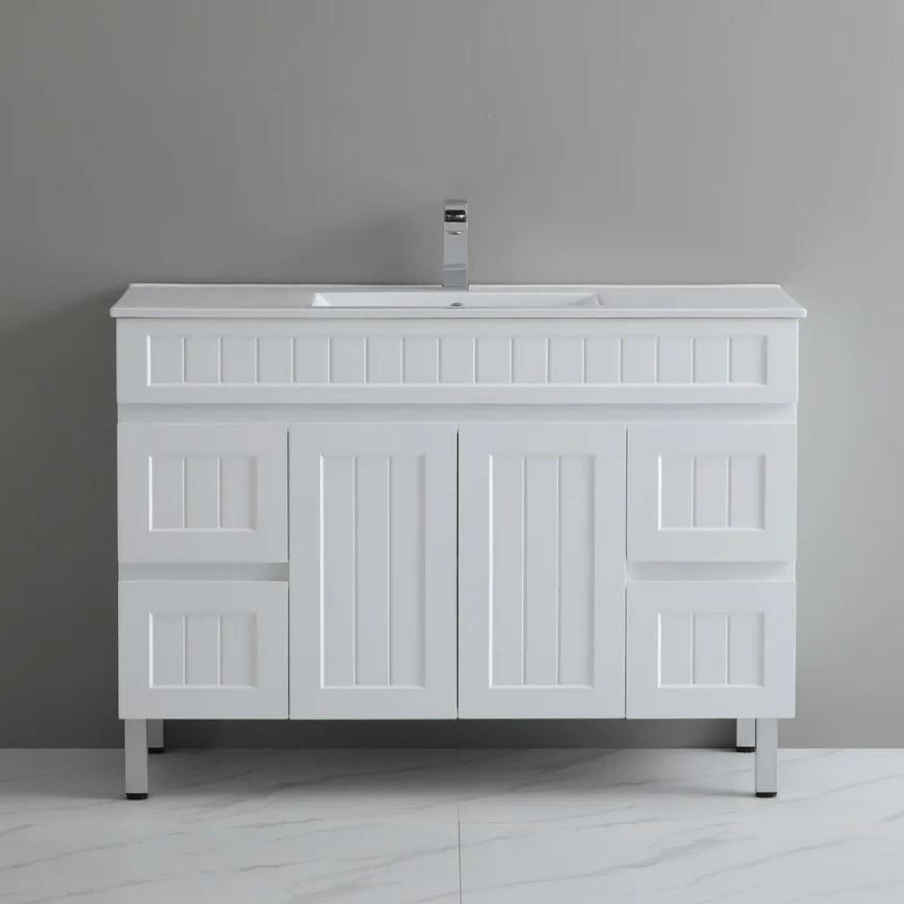 CETO ACACIA SHAKER MATTE WHITE 1500MM SINGLE BOWL FLOOR STANDING VANITY