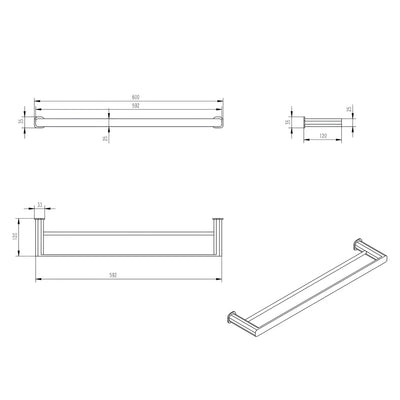OSKAR DOUBLE TOWEL RAIL BRUSHED NICKEL (AVAILABLE IN 600MM AND 750MM)