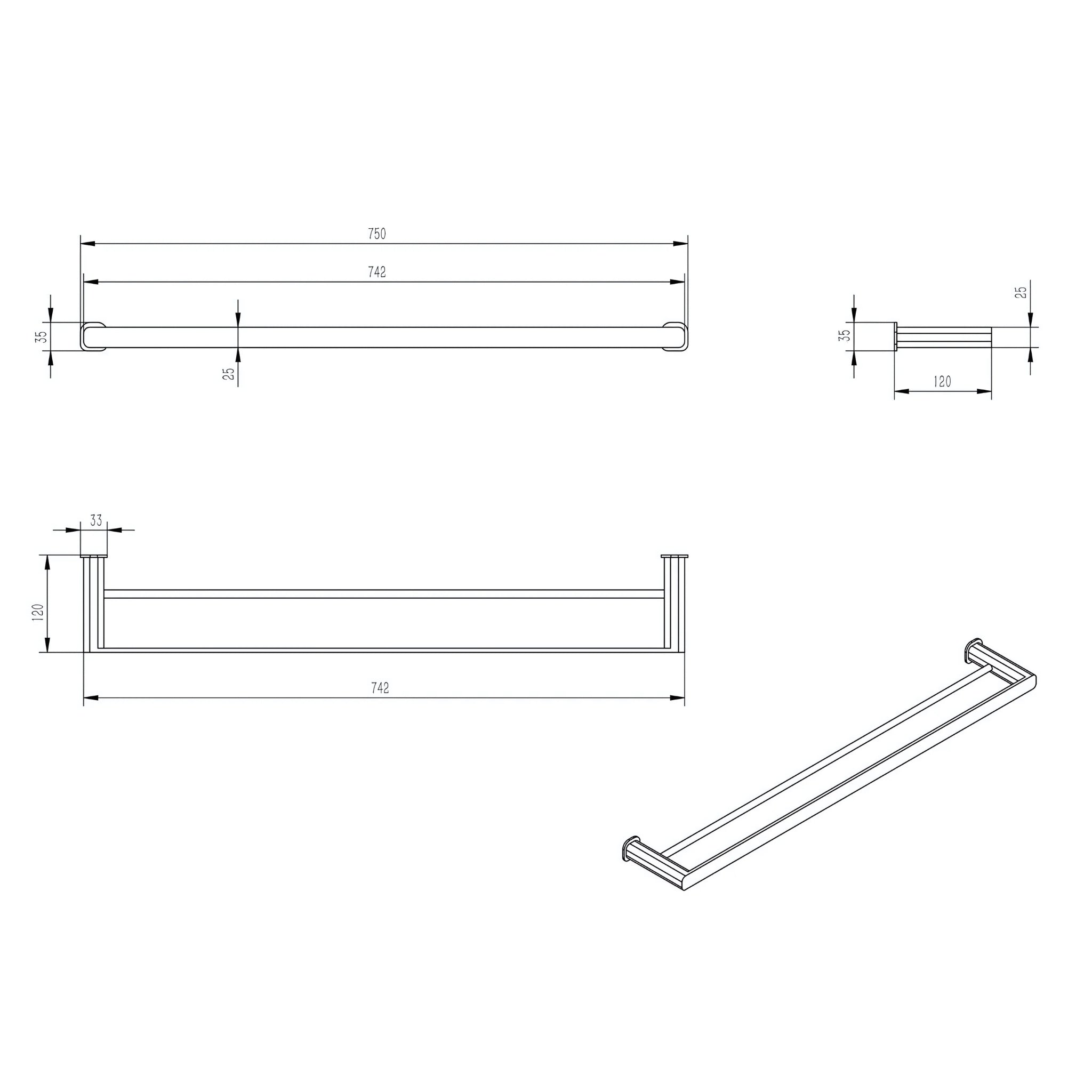 OSKAR DOUBLE TOWEL RAIL BRUSHED NICKEL (AVAILABLE IN 600MM AND 750MM)