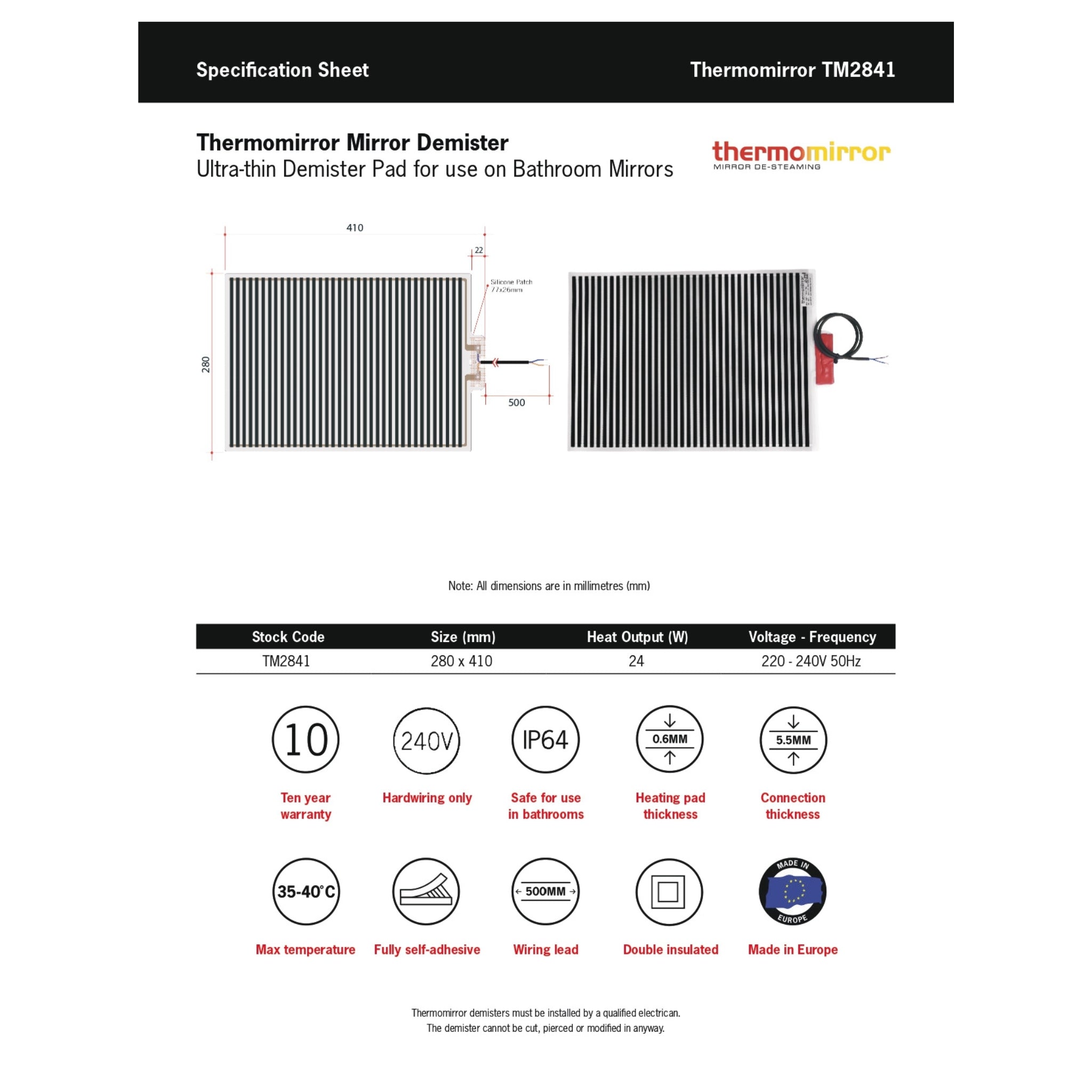 THERMOGROUP ABLAZE ARCH SHAPE MIRROR GLUE-TO-WALL WITH DEMISTER 500X800MM