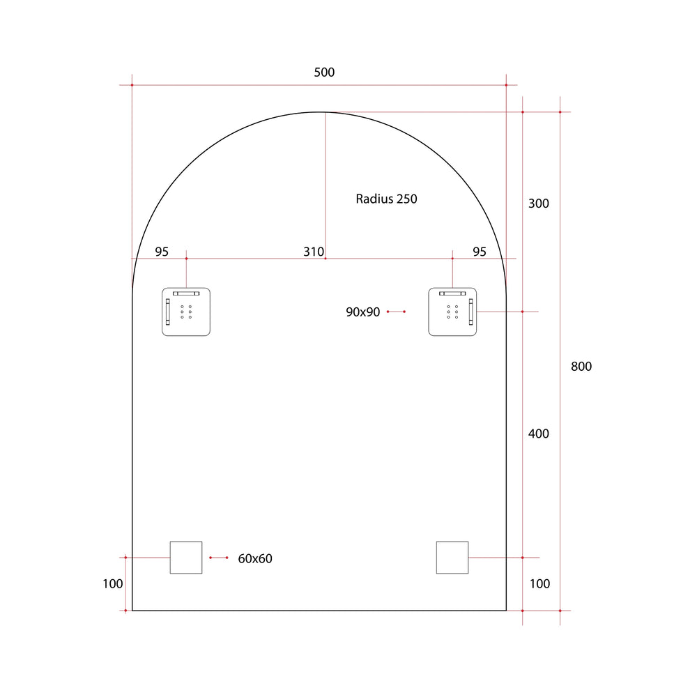 THERMOGROUP ABLAZE ARCH SHAPE MIRROR WITH HANGERS INCLUDING DEMISTER 500X800MM