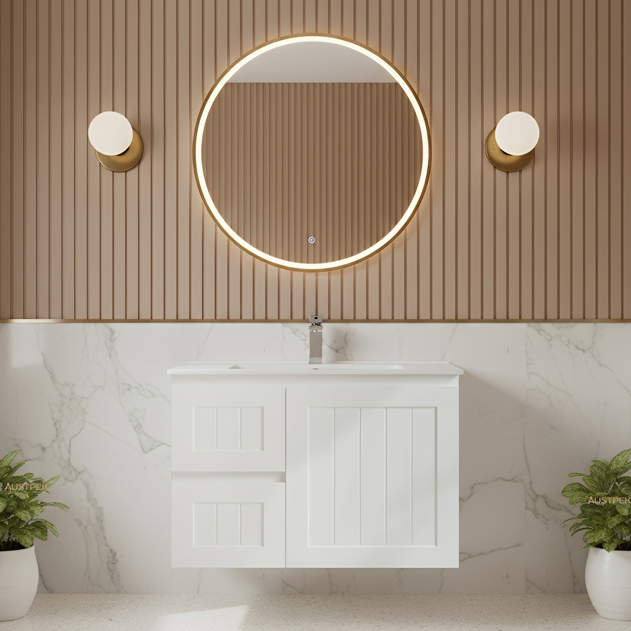 CETO ACACIA SHAKER MATTE WHITE 750MM SINGLE BOWL WALL HUNG VANITY (AVAILABLE IN LEFT AND RIGHT HAND DRAWER)