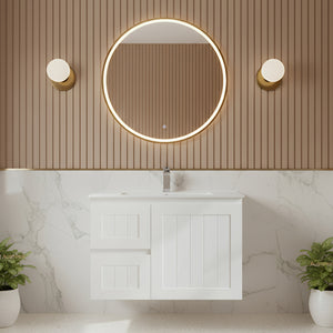 CETO ACACIA SHAKER MATTE WHITE 750MM SINGLE BOWL WALL HUNG VANITY (AVAILABLE IN LEFT AND RIGHT HAND DRAWER)