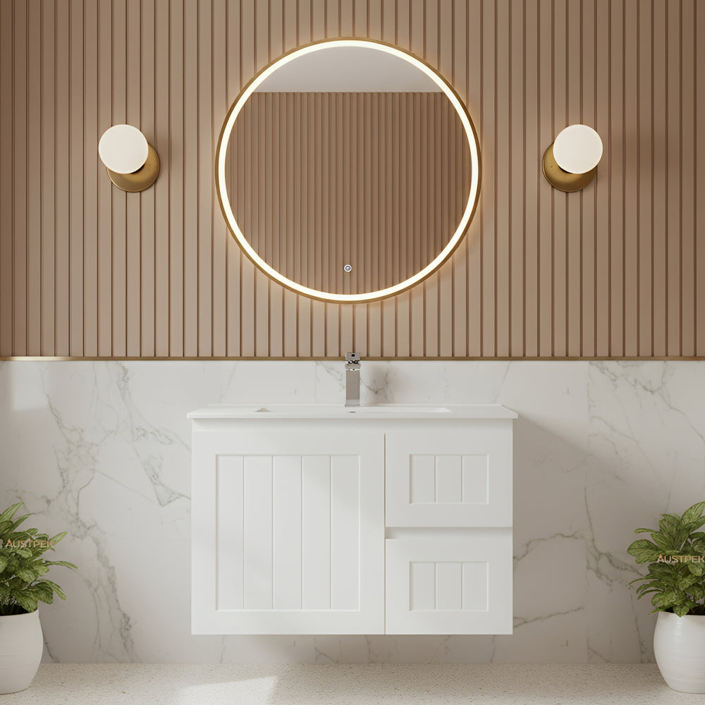 CETO ACACIA SHAKER MATTE WHITE 750MM SINGLE BOWL WALL HUNG VANITY (AVAILABLE IN LEFT AND RIGHT HAND DRAWER)