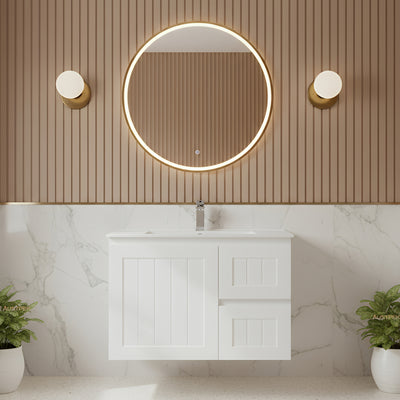 CETO ACACIA SHAKER MATTE WHITE 750MM SINGLE BOWL WALL HUNG VANITY (AVAILABLE IN LEFT AND RIGHT HAND DRAWER)