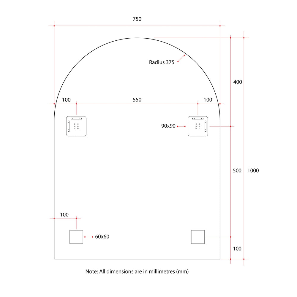 THERMOGROUP ABLAZE ARCH SHAPE POLISHED EDGE MIRROR WITH HANGERS 750X1000MM