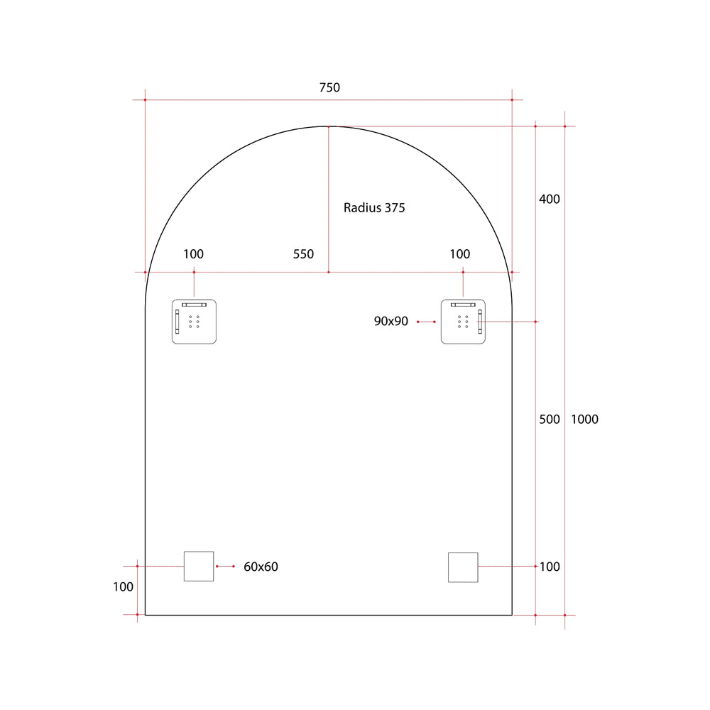 THERMOGROUP ABLAZE ARCH SHAPE MIRROR WITH HANGERS INCLUDING DEMISTER 750X1000MM