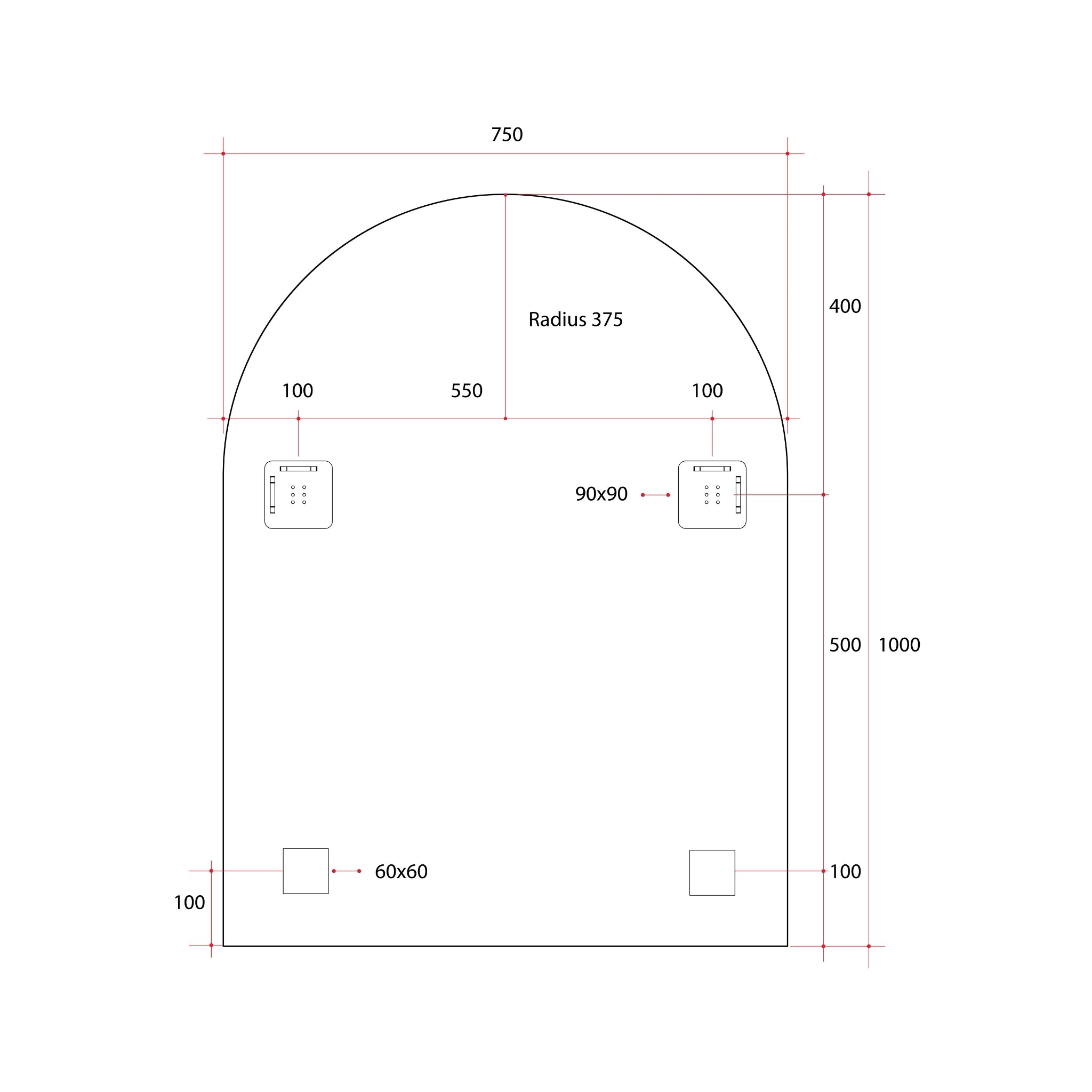 THERMOGROUP ABLAZE ARCH SHAPE MIRROR WITH HANGERS INCLUDING DEMISTER 750X1000MM