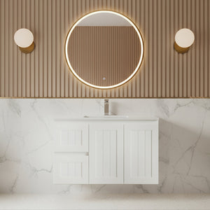 CETO ACACIA SHAKER MATTE WHITE 900MM SINGLE BOWL WALL HUNG VANITY (AVAILABLE IN LEFT AND RIGHT HAND DRAWER)