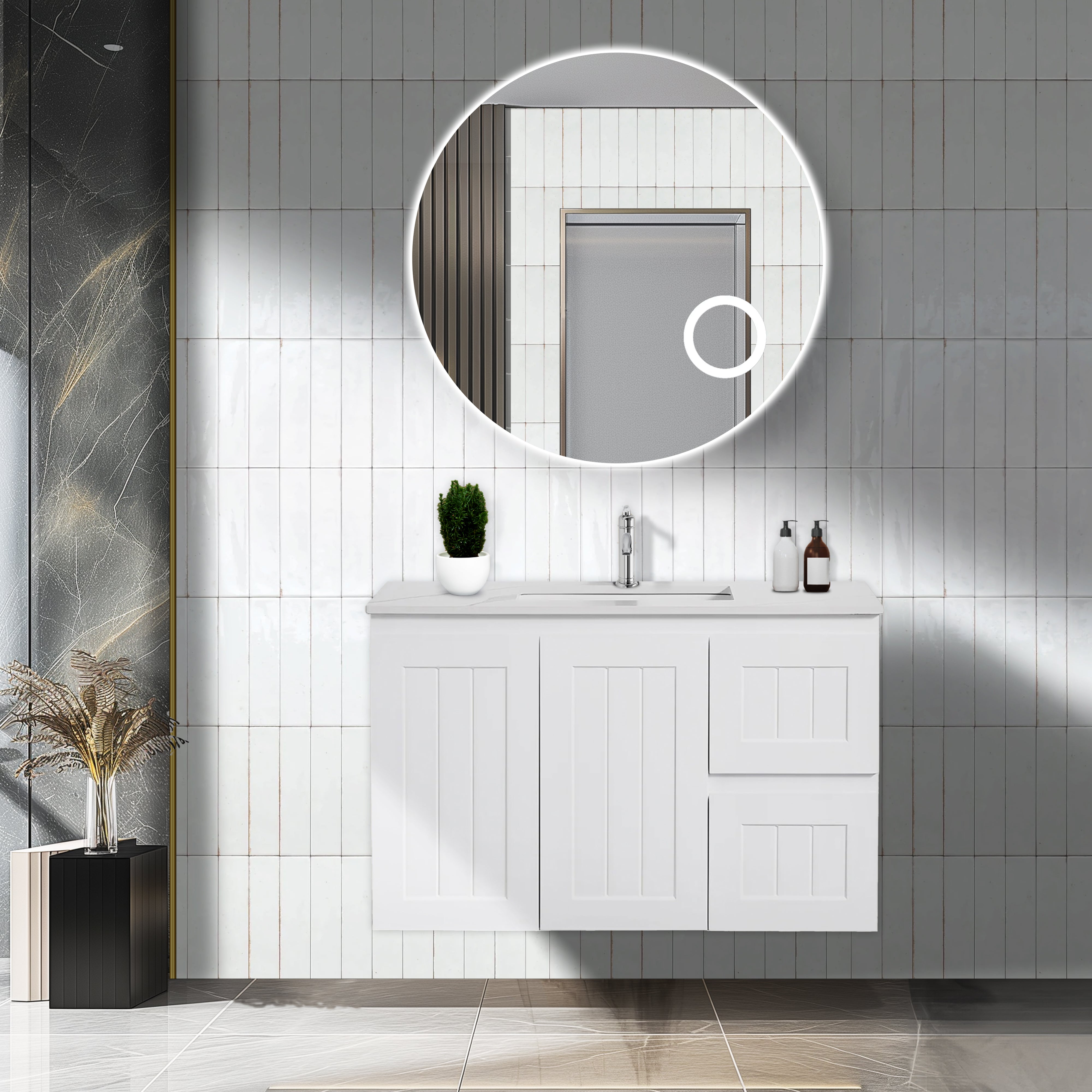 POSEIDON ACACIA SHAKER MATTE WHITE 900MM SINGLE BOWL WALL HUNG VANITY (AVAILABLE IN LEFT AND RIGHT HAND DRAWER)