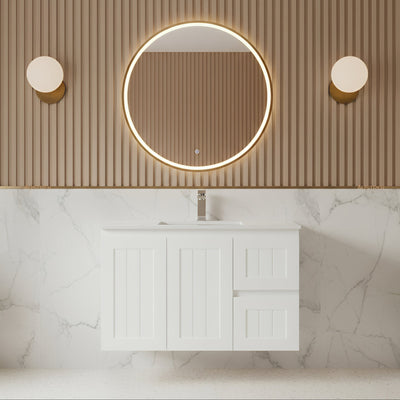 CETO ACACIA SHAKER MATTE WHITE 900MM SINGLE BOWL WALL HUNG VANITY (AVAILABLE IN LEFT AND RIGHT HAND DRAWER)