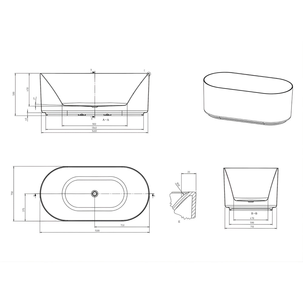 ATTICA CELINE FREESTANDING BATHTUB WITH OVERFLOW GLOSS WHITE 1500MM