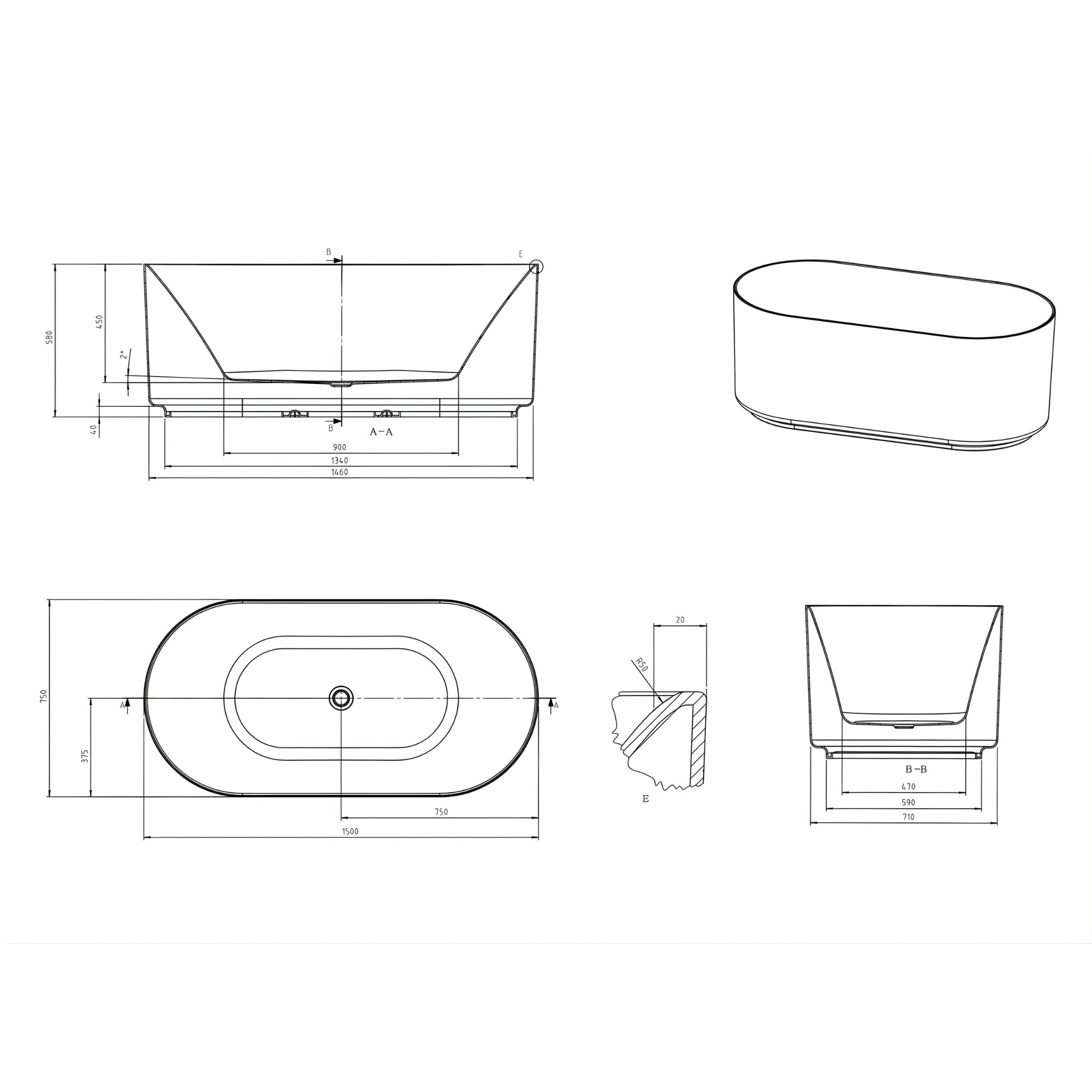 ATTICA CELINE FREESTANDING BATHTUB WITH OVERFLOW GLOSS WHITE 1500MM