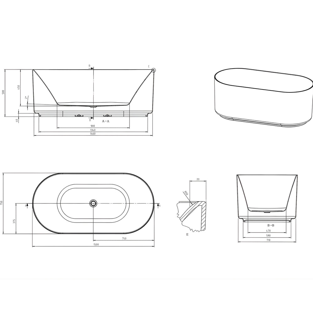 ATTICA CELINE FREESTANDING BATHTUB WITH OVERFLOW MATTE WHITE 1500MM