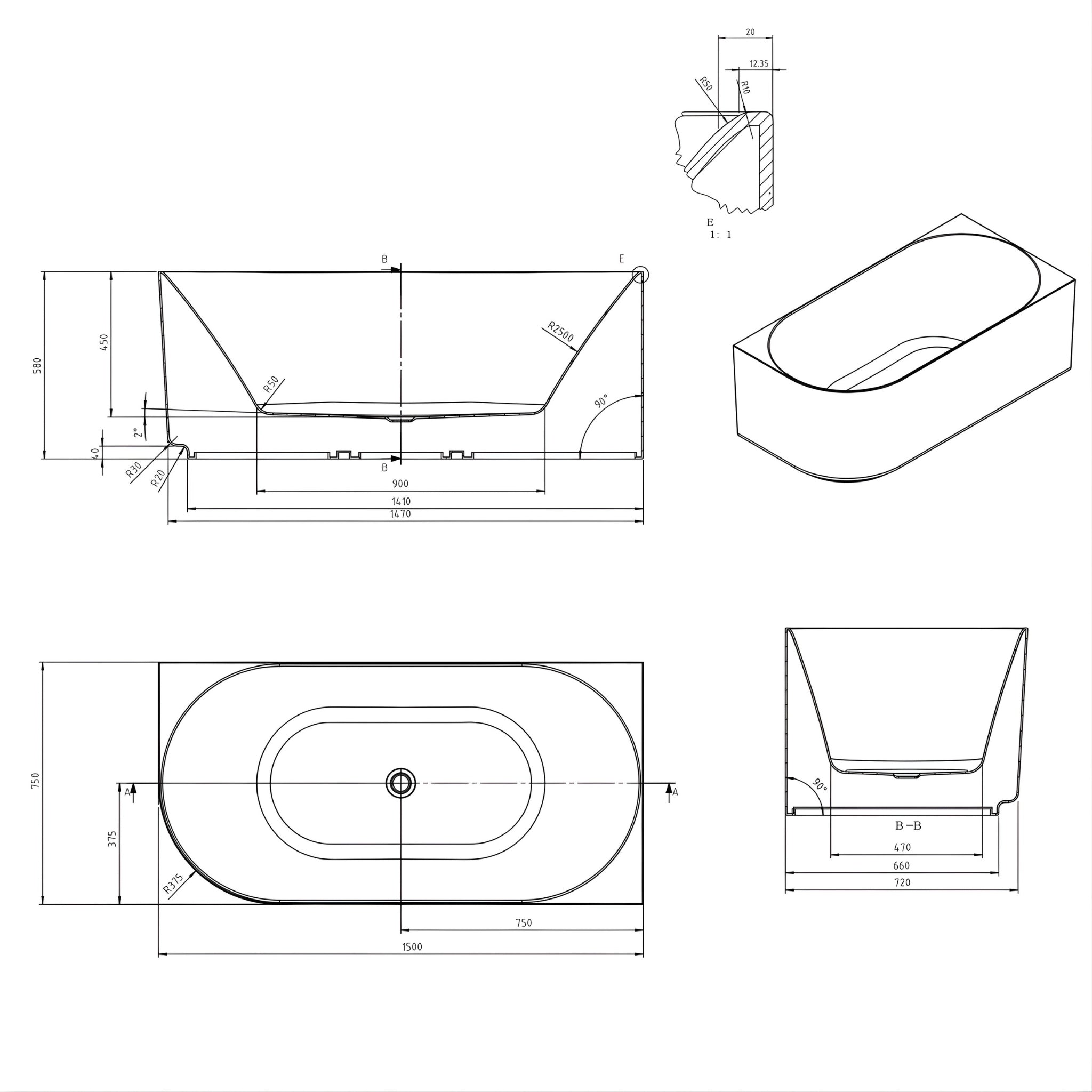 ATTICA CELINE RIGHT CORNER BATHTUB WITH OVERFLOW MATTE WHITE (AVAILABLE IN 1500MM AND 1700MM)