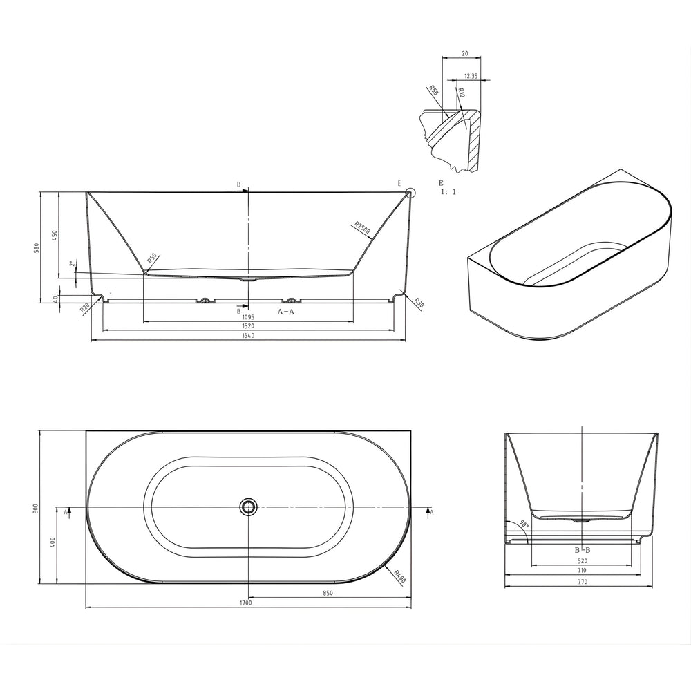 ATTICA CELINE BACK TO WALL BATHTUB WITH OVERFLOW GLOSS WHITE (AVAILABLE IN 1500MM AND 1700MM)