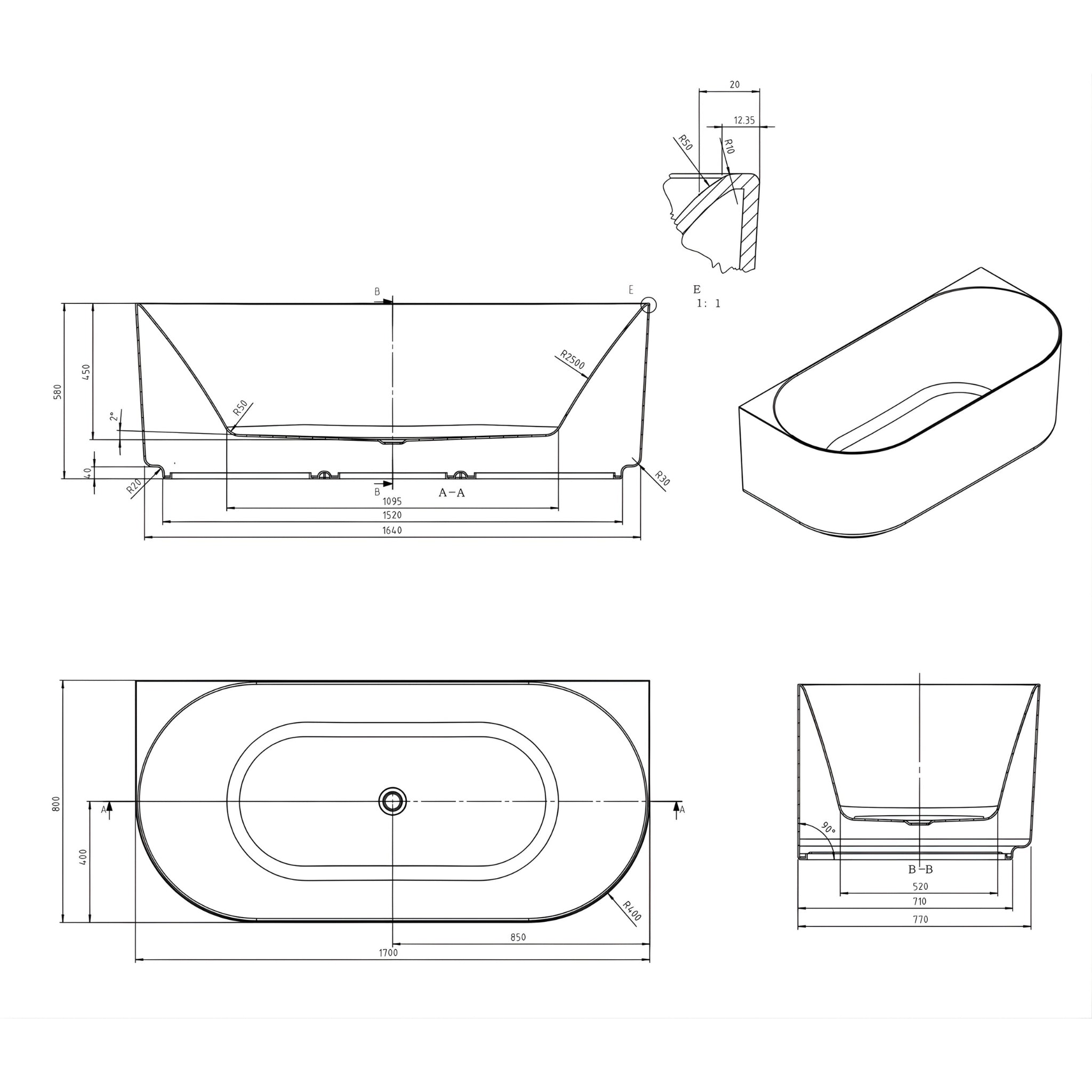 ATTICA CELINE BACK TO WALL BATHTUB WITH OVERFLOW MATTE WHITE (AVAILABLE IN 1500MM AND 1700MM)