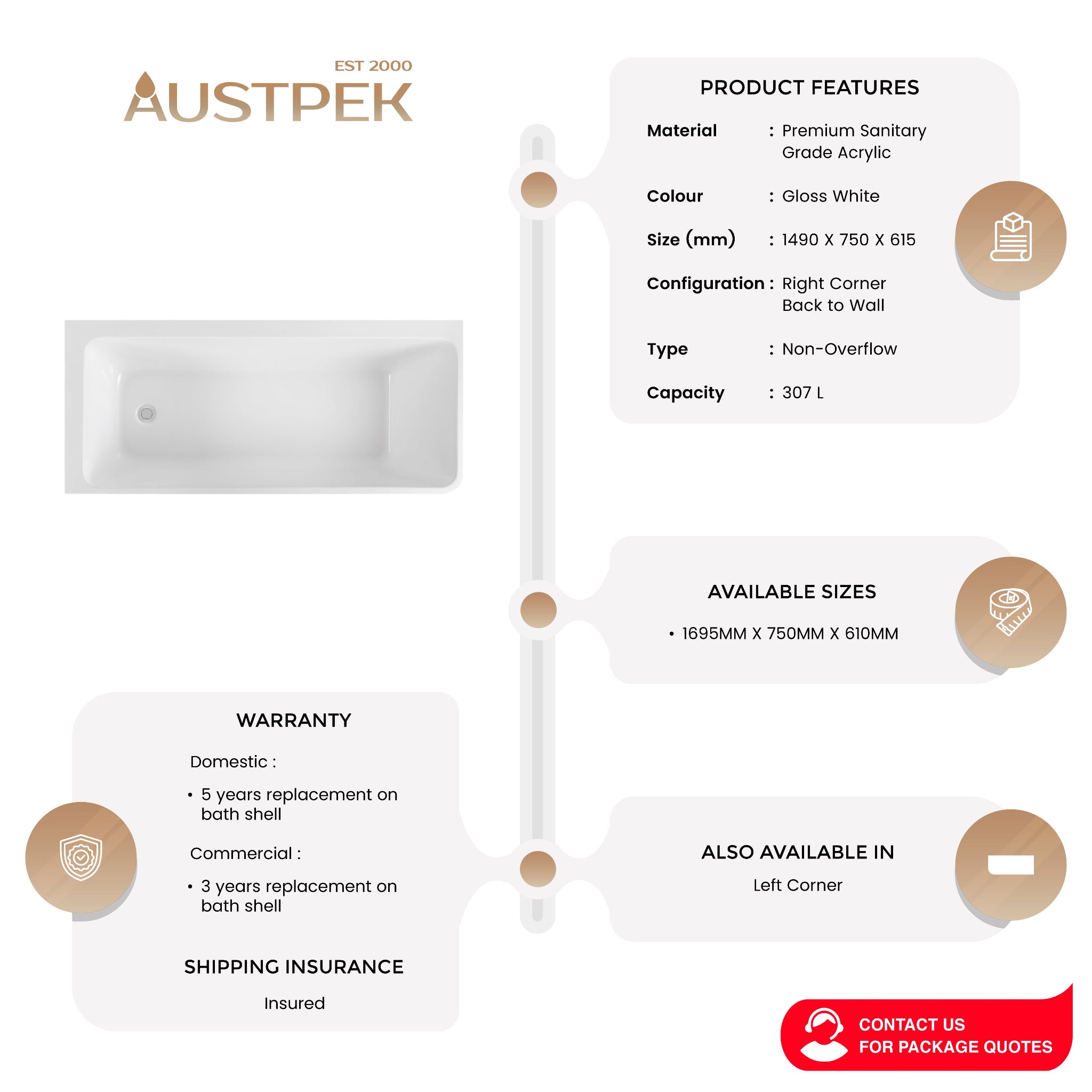 POSEIDON AVIS RIGHT CORNER BACK TO WALL BATHTUB GLOSS WHITE (AVAILABLE IN 1500MM AND 1700MM)