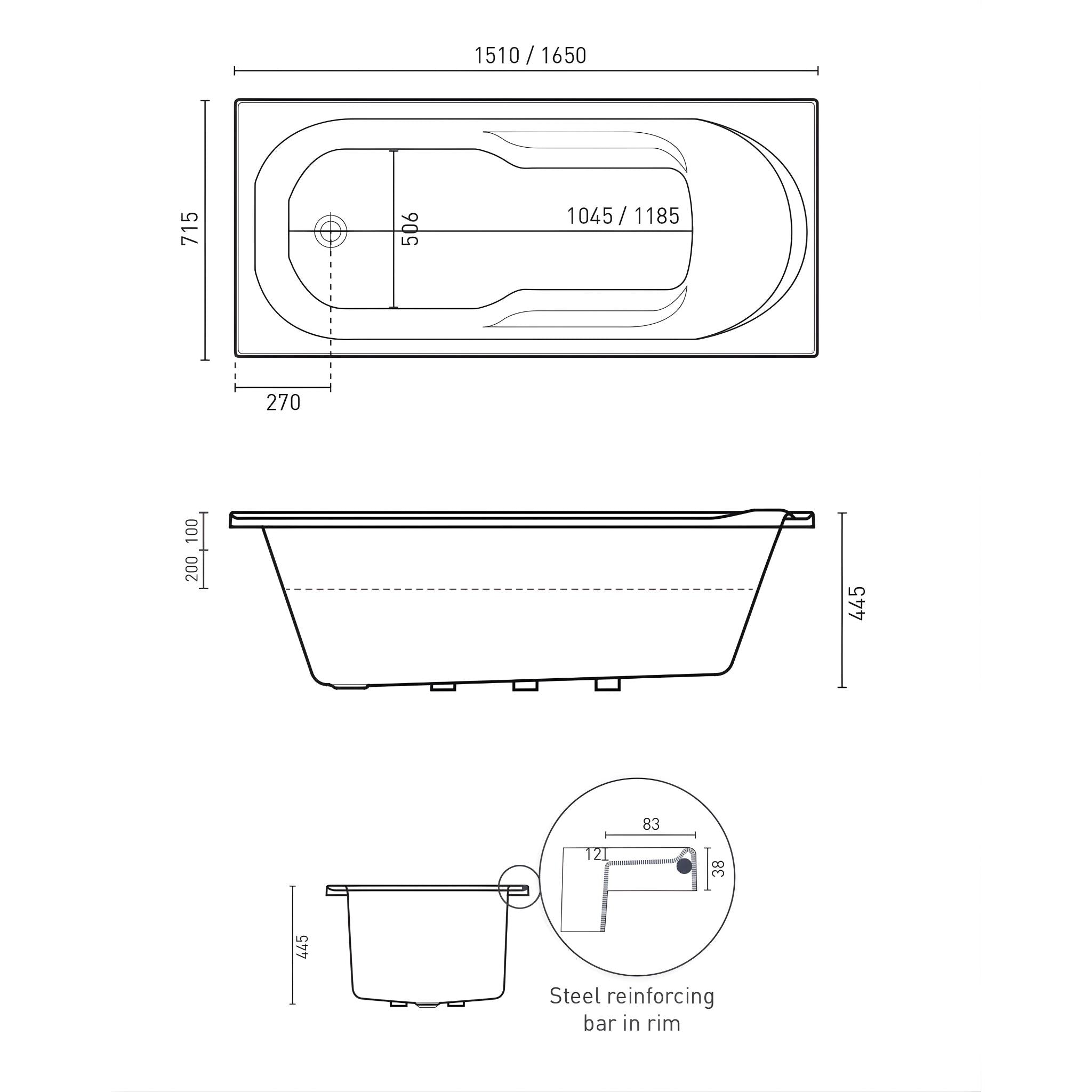 DECINA ADATTO INSET BATH GLOSS WHITE (AVAILABLE IN 1510MM AND 1650MM)
