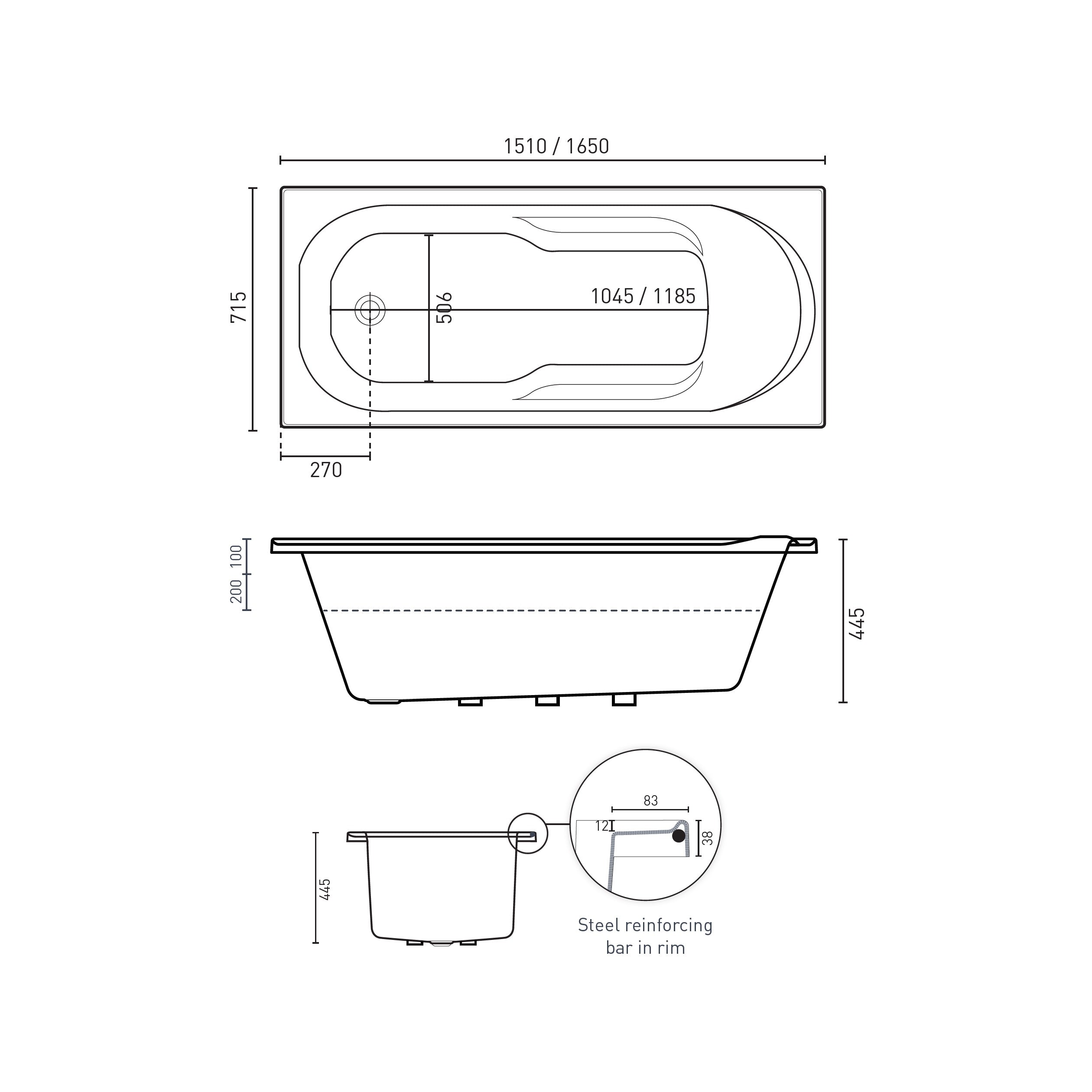 DECINA ADATTO INSET CONTOUR SPA BATH GLOSS WHITE (AVAILABLE IN 1510MM AND 1650MM) WITH 12-JETS