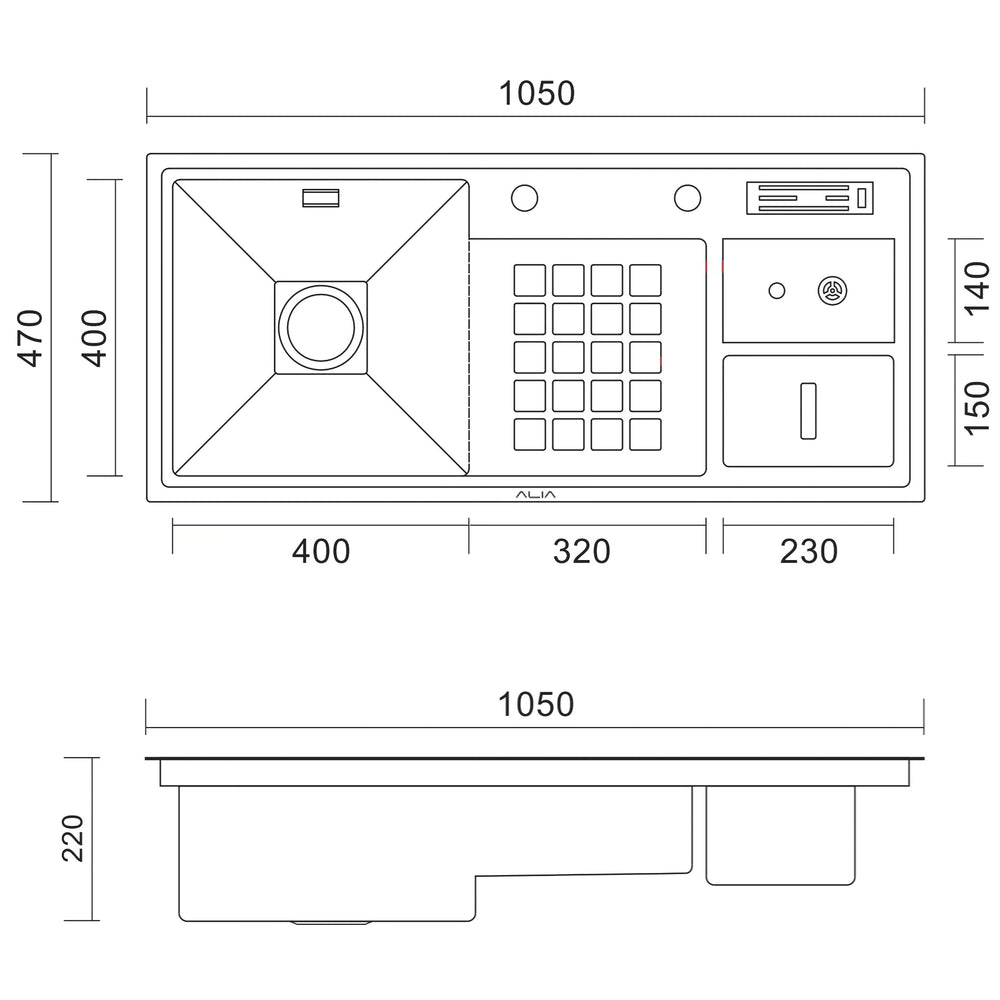 ALIA SMART UNDERMOUNT SINK MULTIFUNCTION GUNMETAL GREY 1050MM