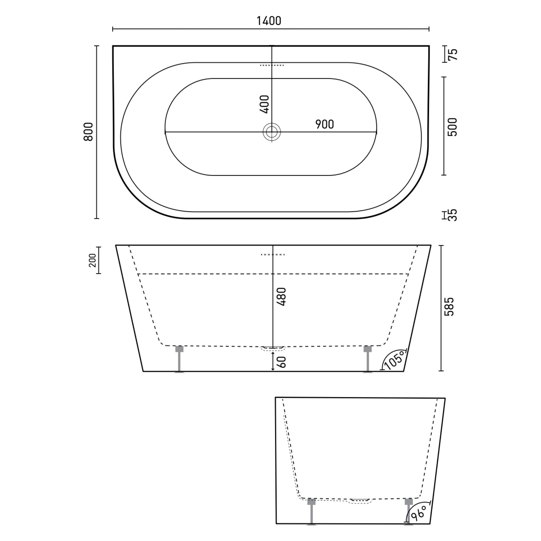 DECINA ALEGRA BACK-TO-WALL FREESTANDING BATH WITH INTEGRATED OVERFLOW GLOSS WHITE 1400MM