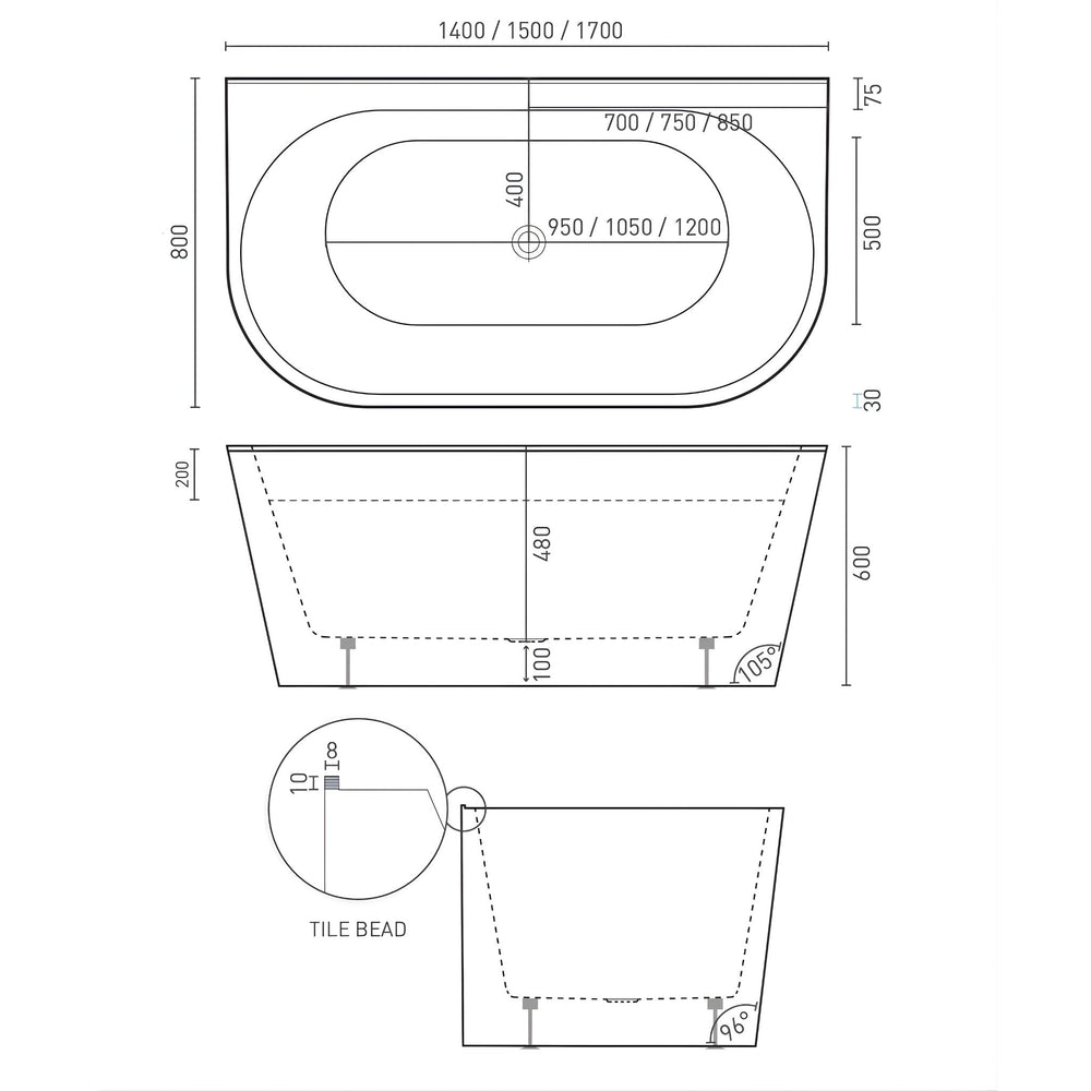 DECINA ALEGRA BACK-TO-WALL BATH WITH INTEGRATED OVERFLOW GLOSS BLACK 1700MM