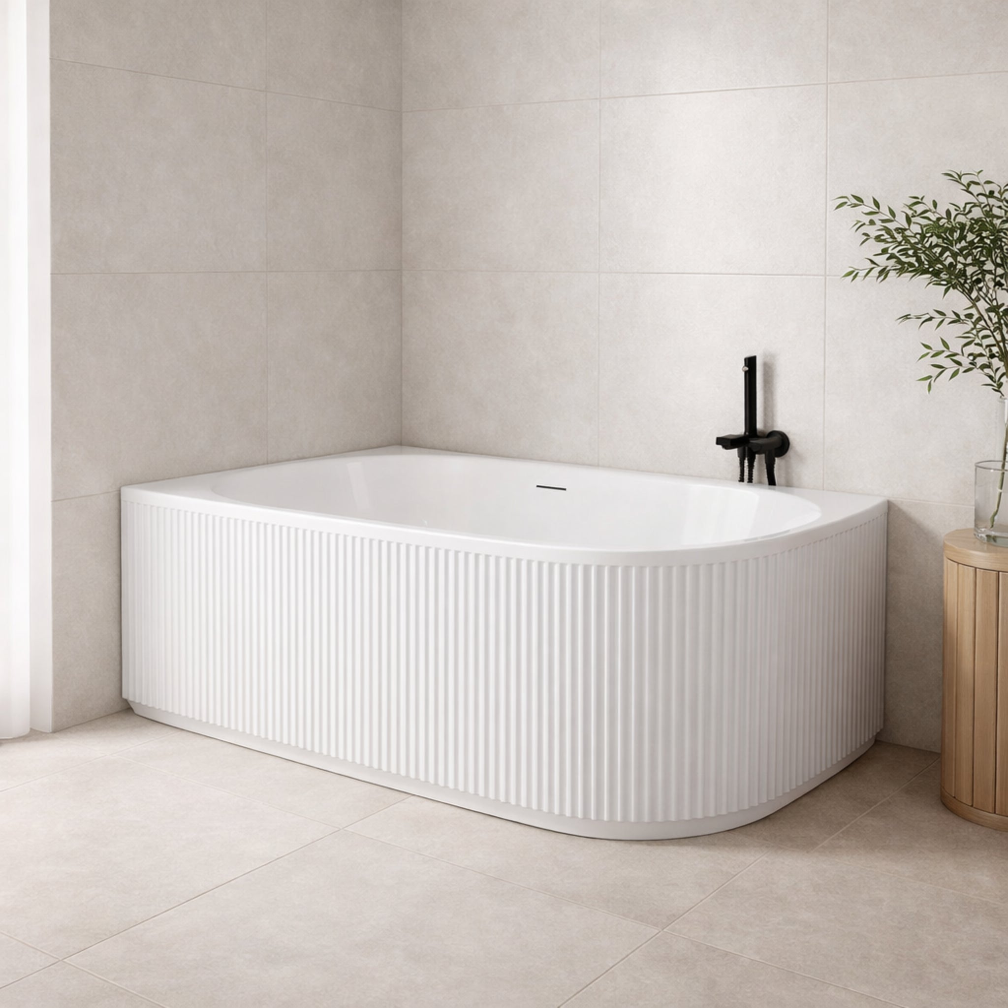 ATTICA HAVANA FLUTED LEFT CORNER BATHTUB WITH OVERFLOW GLOSS WHITE (AVAILABLE IN 1500MM AND 1700MM)