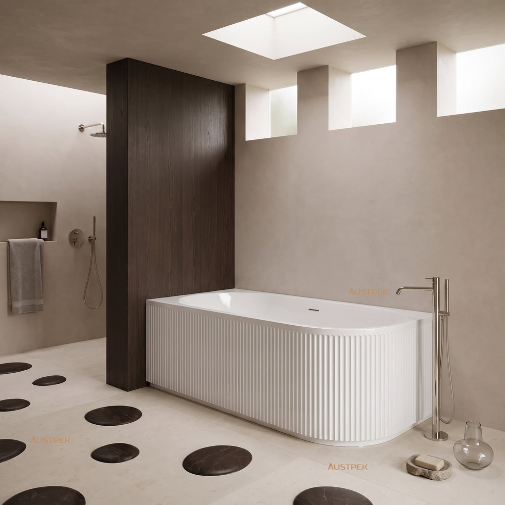 ATTICA HAVANA FLUTED LEFT CORNER BATHTUB WITH OVERFLOW GLOSS WHITE (AVAILABLE IN 1500MM AND 1700MM)