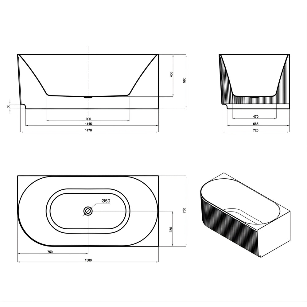 ATTICA HAVANA RIGHT CORNER BATHTUB WITH OVERFLOW MATTE WHITE (AVAILABLE IN 1500MM AND 1700MM)