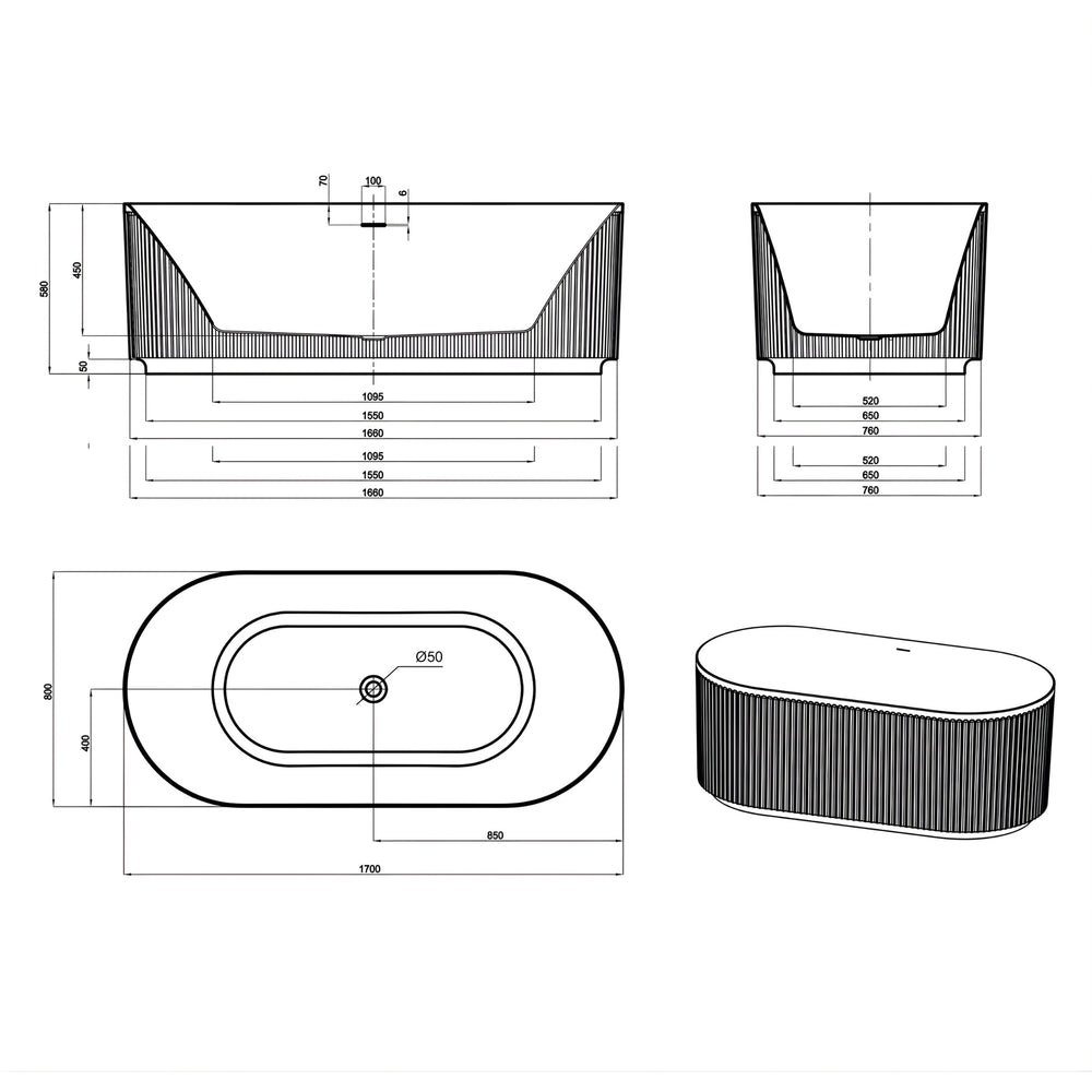 ATTICA HAVANA FLUTED FREESTANDING BATHTUB WITH INTEGRATED OVERFLOW GLOSS WHITE (AVAILABLE IN 1500MM AND 1700MM)