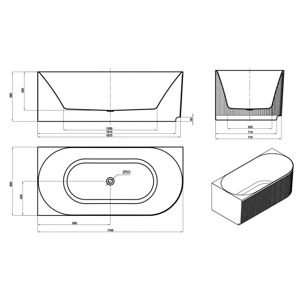 ATTICA HAVANA FLUTED LEFT CORNER BATHTUB WITH OVERFLOW GLOSS WHITE (AVAILABLE IN 1500MM AND 1700MM)