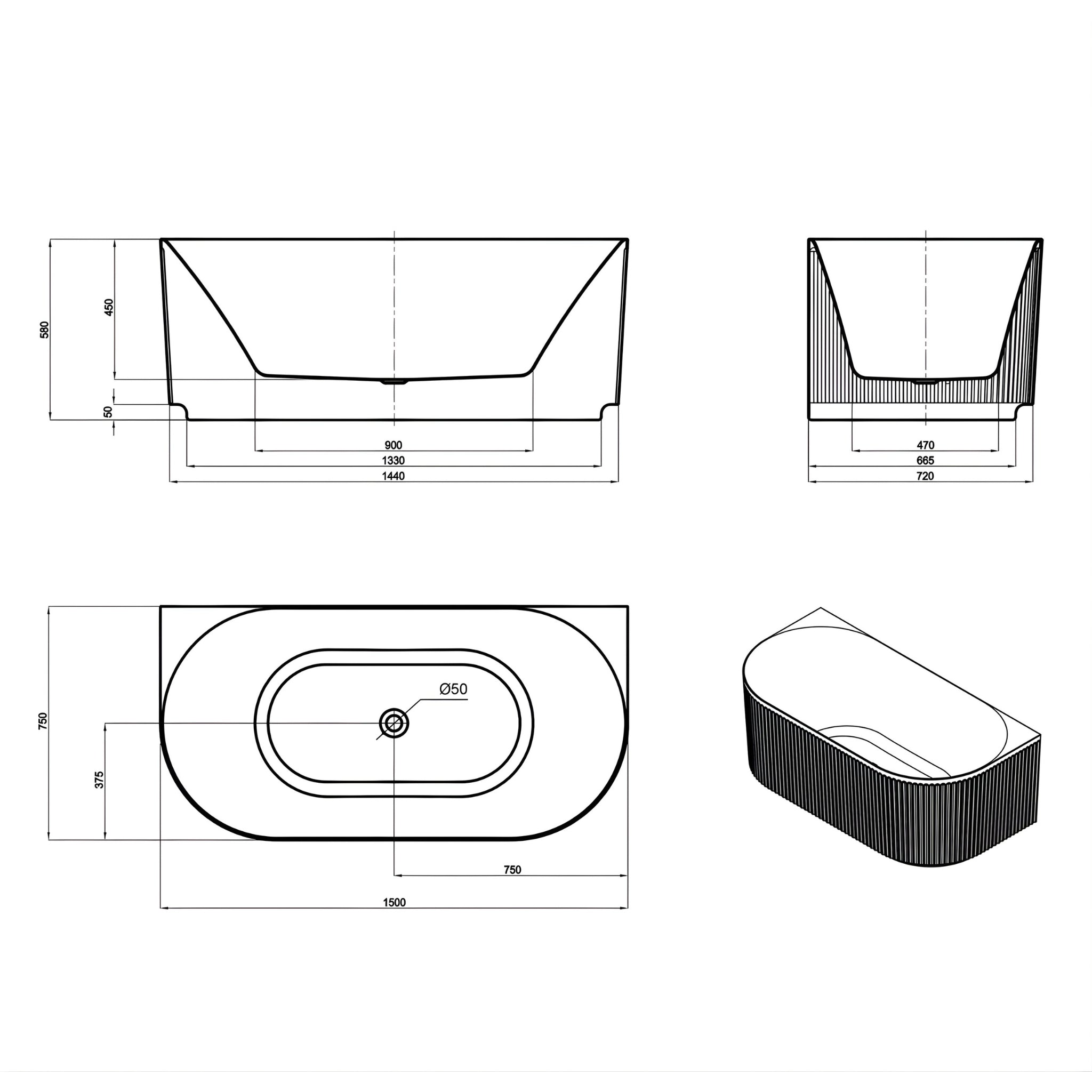 ATTICA HAVANA FLUTED MULTI-FIT BATHTUB WITH INTEGRATED OVERFLOW MATTE WHITE (AVAILABLE IN 1500MM AND 1700MM)