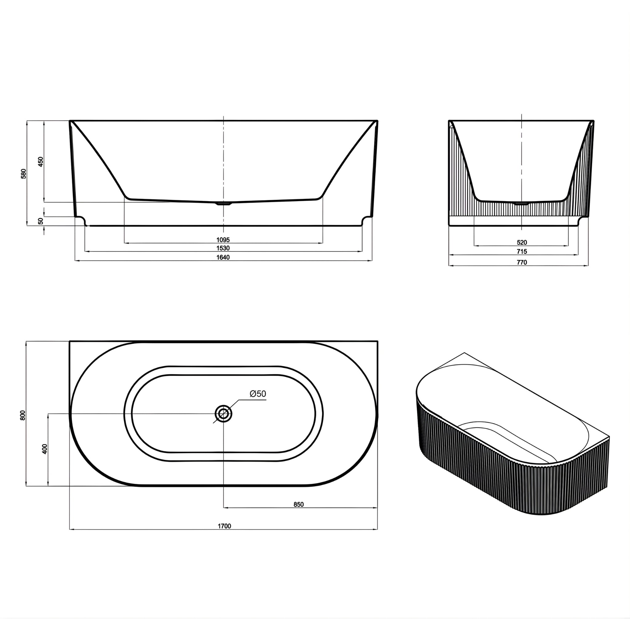 ATTICA HAVANA FLUTED MULTI-FIT BATHTUB WITH INTEGRATED OVERFLOW MATTE WHITE (AVAILABLE IN 1500MM AND 1700MM)