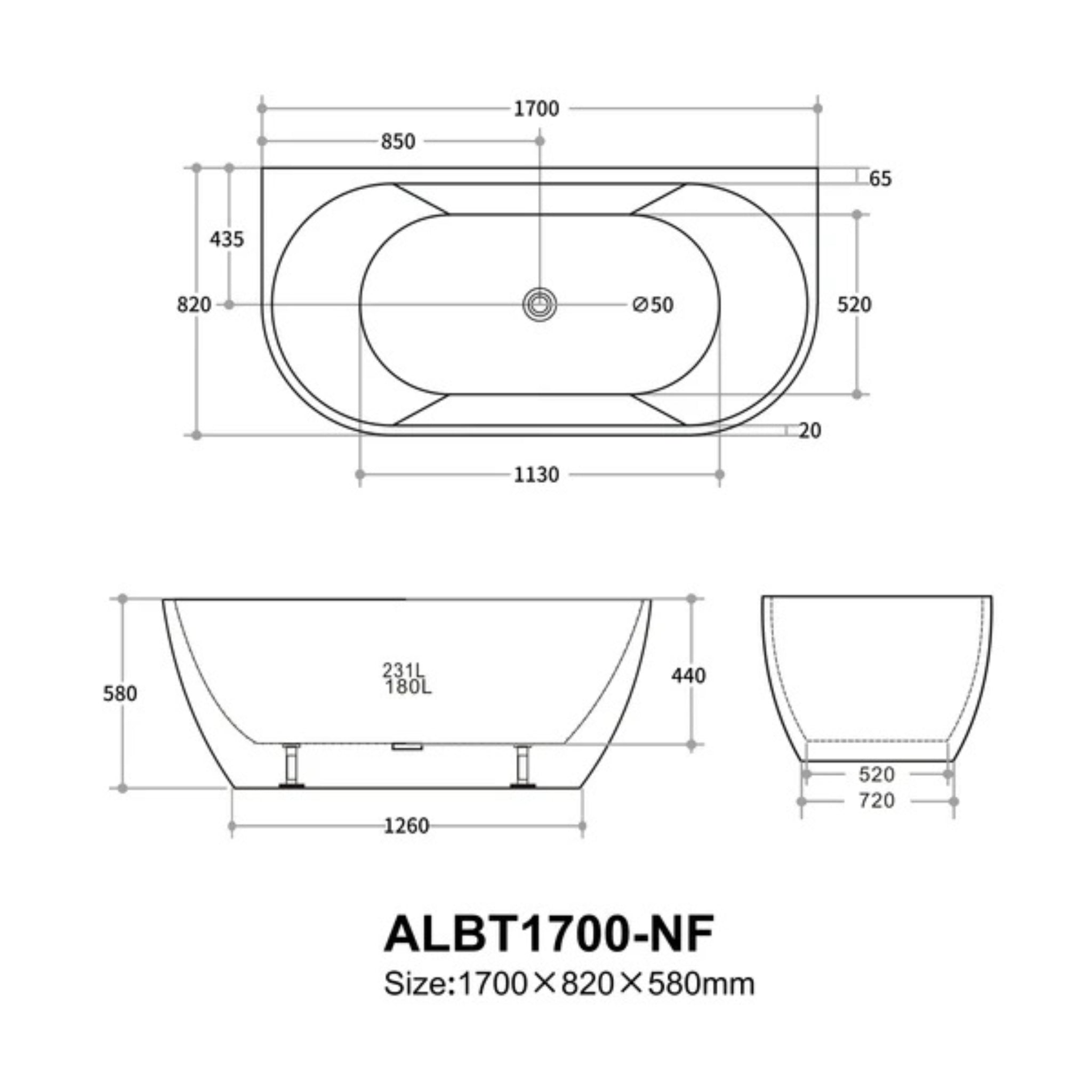 VITO ATLANTIC BACK-TO-WALL BATHTUB WITH OVERFLOW GLOSS WHITE (AVAILABLE IN 1500MM AND 1700MM)
