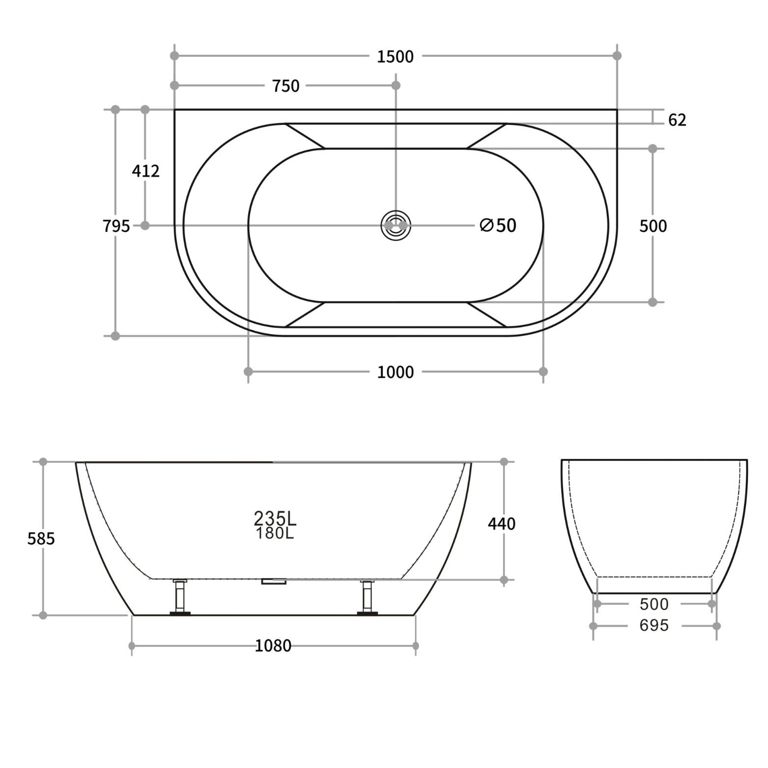 POSEIDON ARIA BACK TO WALL BATHTUB GLOSS WHITE (AVAILABLE IN 1500MM AND 1700MM)